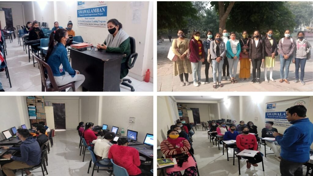 A collage of young women in classroom, interview, computer-lab and outdoor group activities under Swawalamban vocational training.