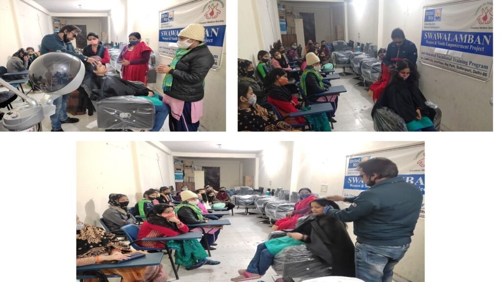 A collage of women practising facial, hair and beauty treatments during a Swawalamban beauty and wellness session.